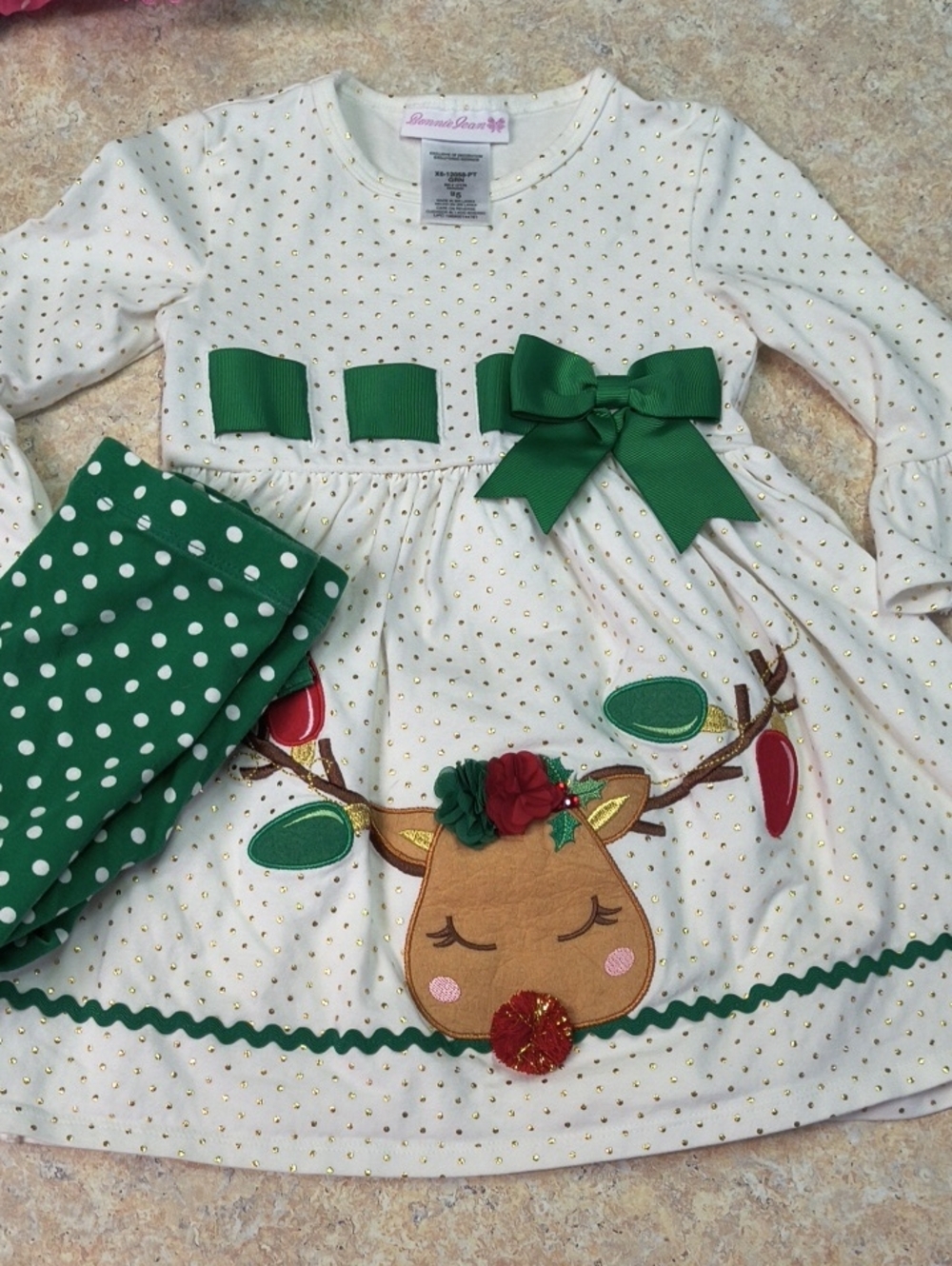 Bonnie Jean Cream & Green Reindeer Dress with Green Polka Dot Leggings Sz 5 EUC.